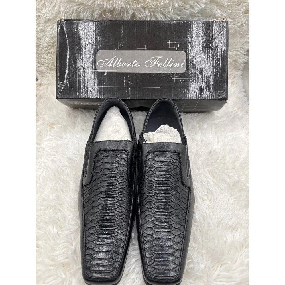 Alberto Fellini Mens Black Snakeskin Embossed Square Toe Slip On Loafers Size 12